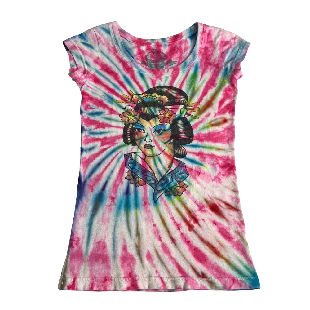 Y2K Cupcake Geisha Graphic Baby Tee Shirt Women Juniors XS Pink Tie Dye Made USA